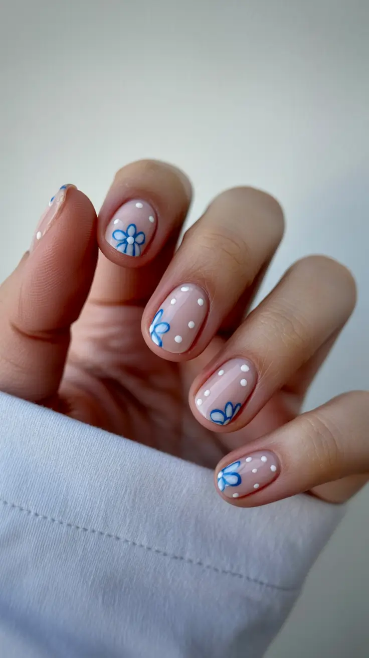 chic colorful spring nails 2026 Minimal Blue Floral Short Nude Nails