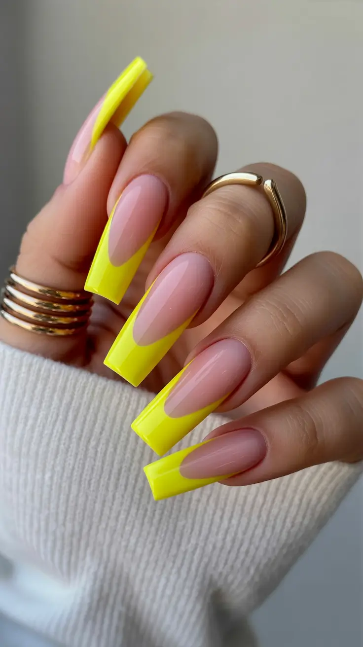 chic colorful spring nails 2026 Neon Yellow French Long Coffin Nails