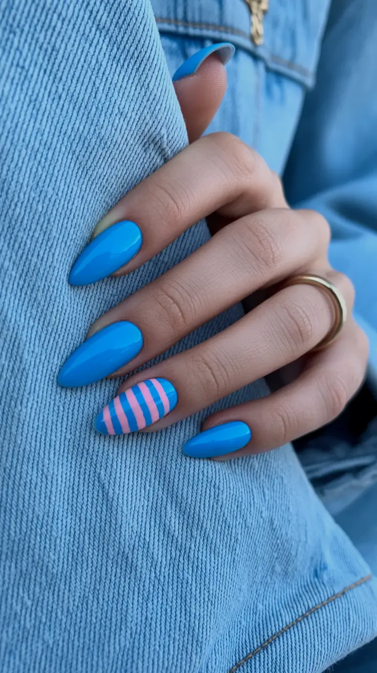 chic colorful spring nails 2026 Playful Blue With Graphic Stripe Accent