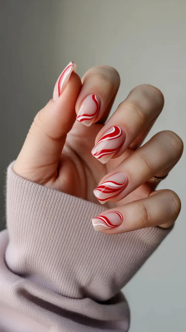 chic colorful spring nails 2026 Red Swirl Abstract Almond Spring Nails