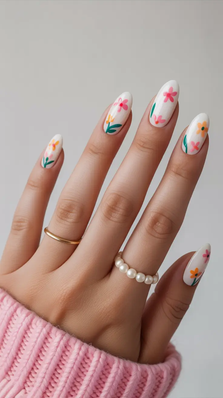 chic colorful spring nails 2026 Soft Floral Almond On Milky White Base