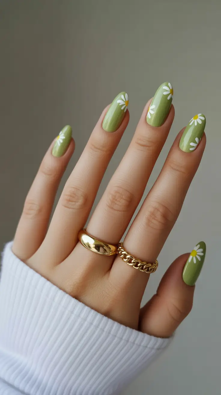 chic colorful spring nails 2026 Green Daisy Accent On Glossy Spring Base