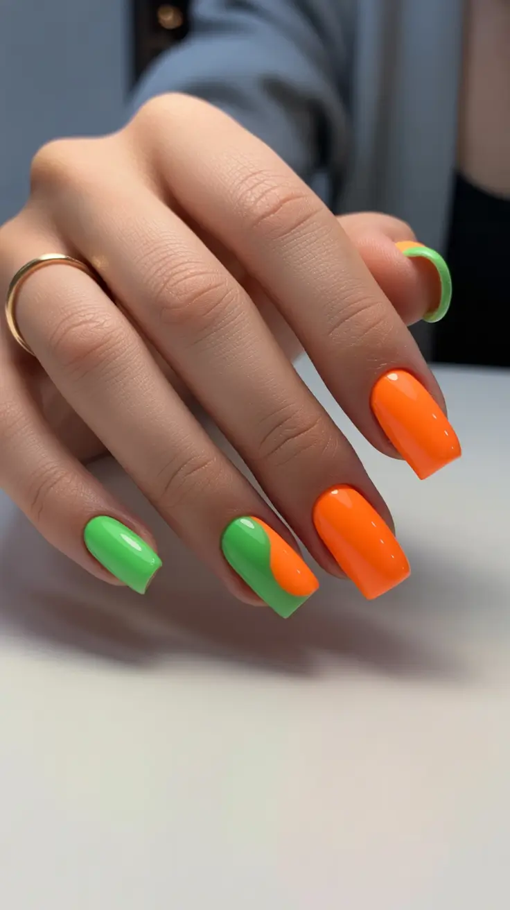 chic colorful spring nails 2026 Juicy Orange And Lime Color Block Square