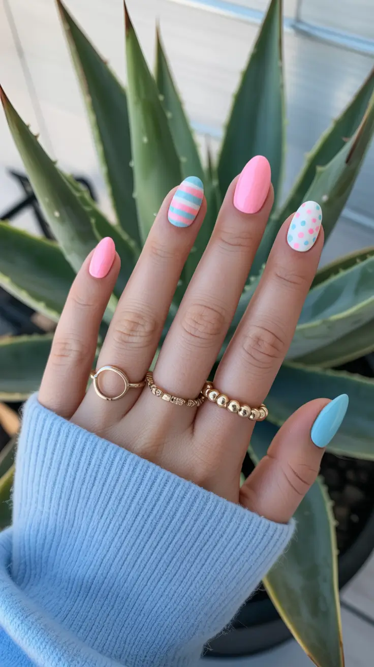 chic colorful spring nails 2026 Pastel Mix Almond With Playful Pattern Accents