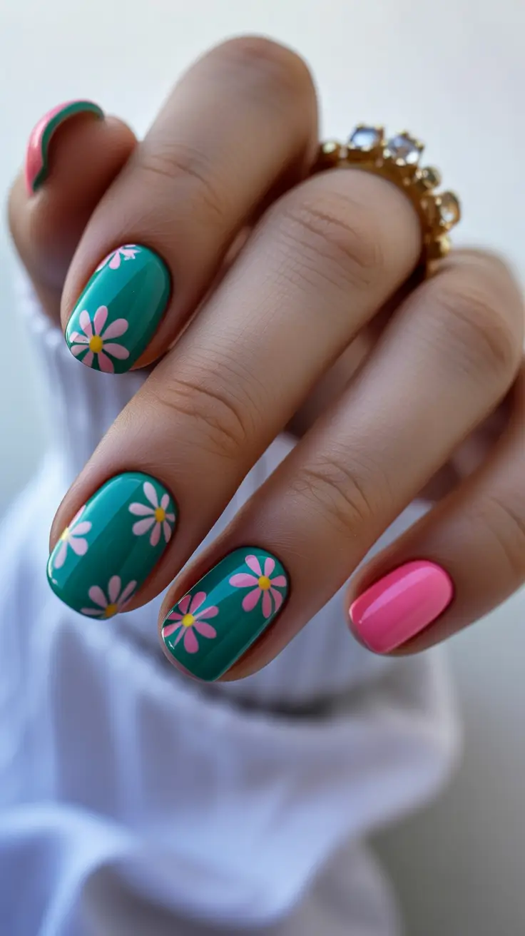 chic colorful spring nails 2026 Deep Teal Floral Short Spring Nails