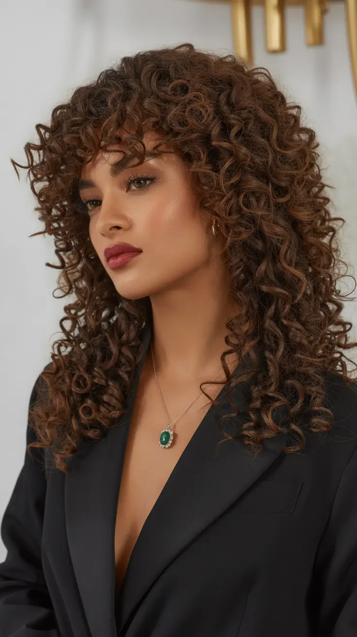 spring brown hair color 2026 Defined Brunette Curls with Dimensional Shine
