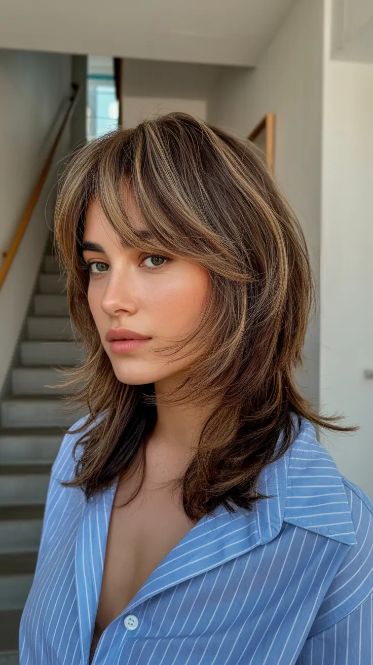 spring brown hair color 2026 Layered Brunette Shag with Light Spring Brightness