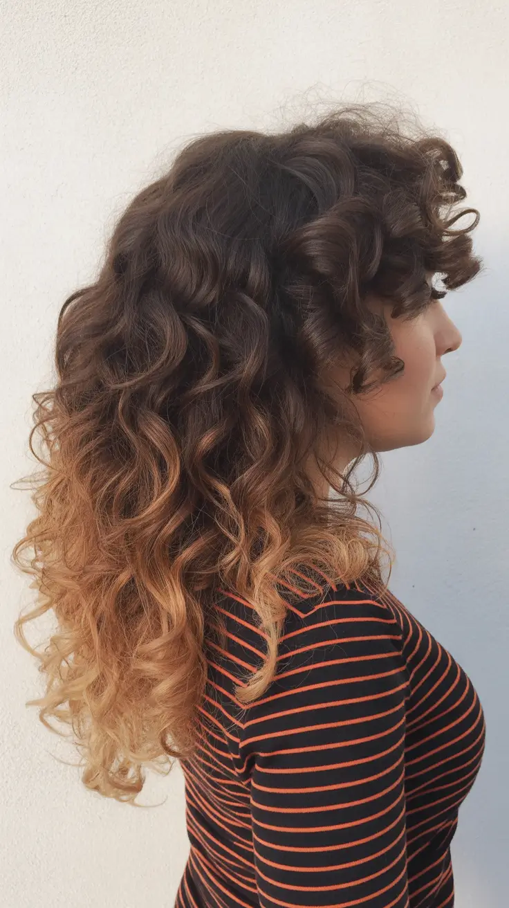 spring brown hair color 2026 Warm Brunette Curls with Soft Ombre