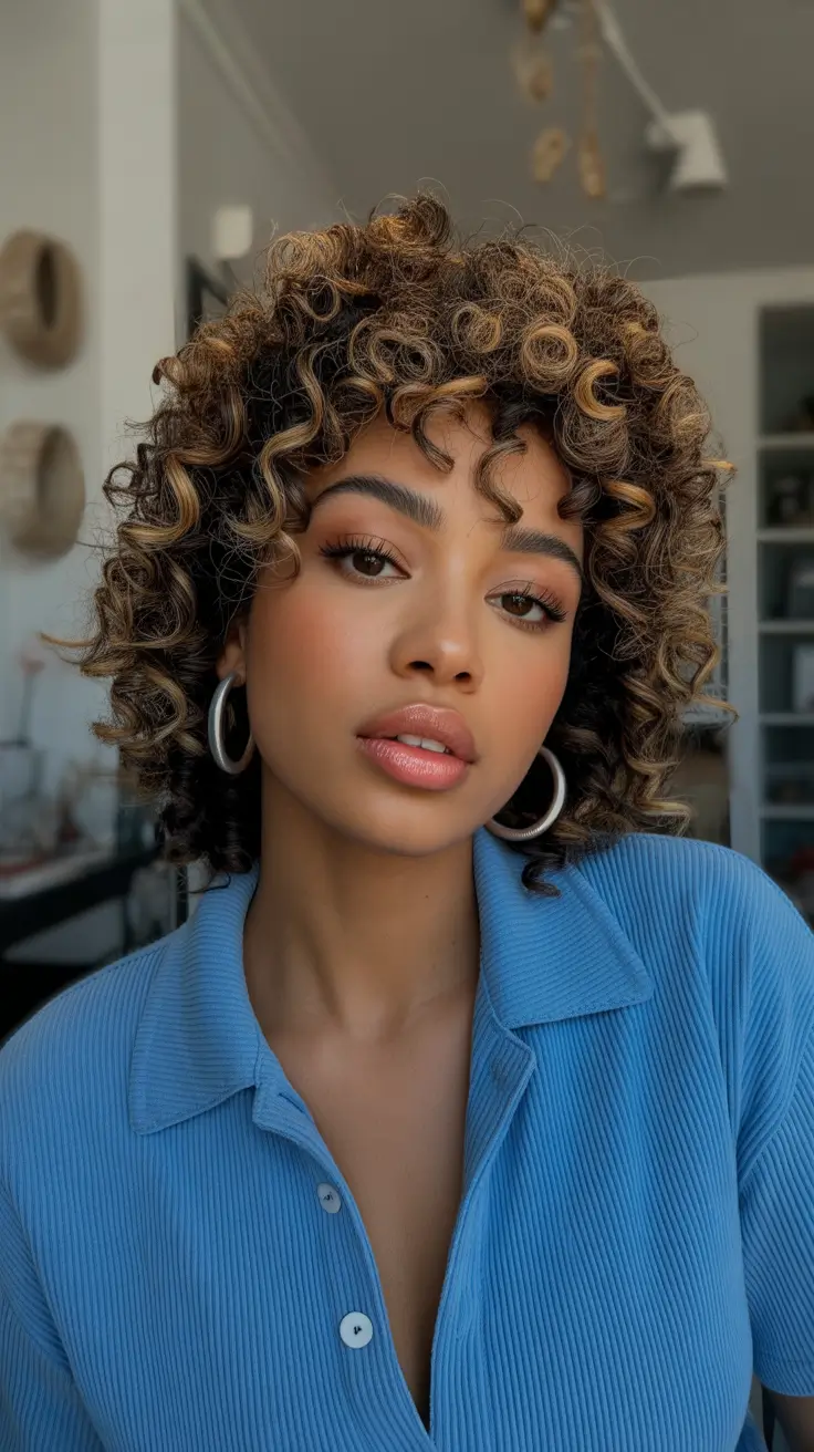 spring brown hair color 2026 Curly Golden-Tipped Spring Shag