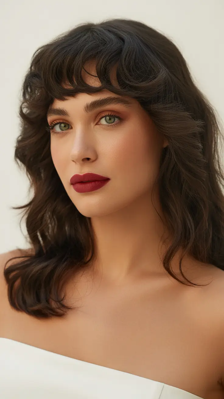 spring brown hair color 2026 Classic Brunette with Soft Contoured Fringe