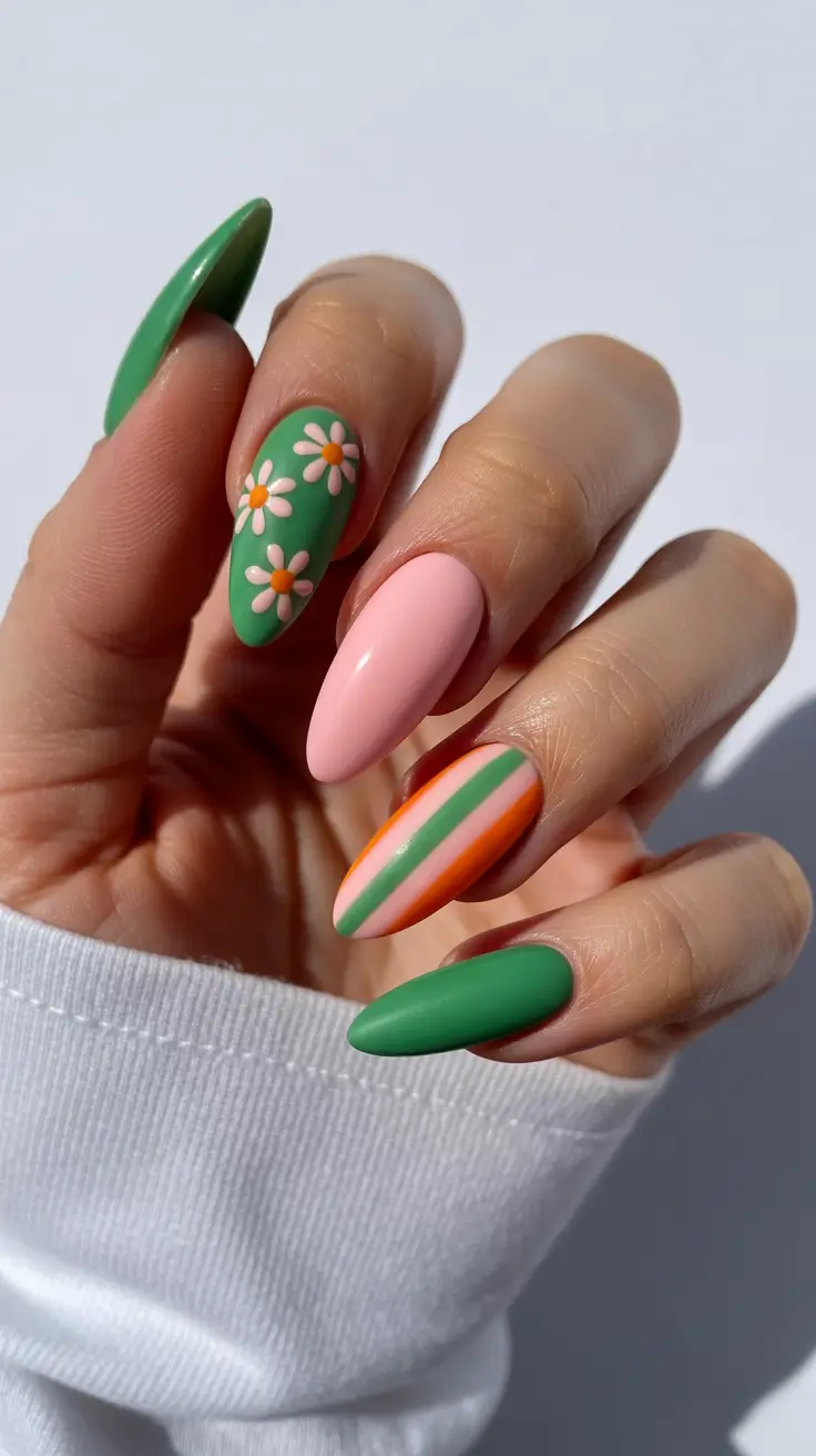 classy spring nails 2026 Fresh Meadow Florals With Soft Spring Stripes