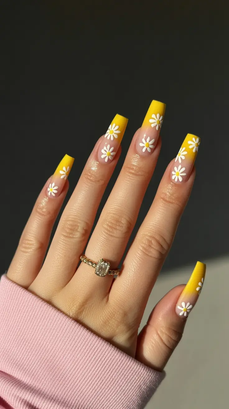 classy spring nails 2026 Sunlit Daisy Square Tips in Blooming Yellow