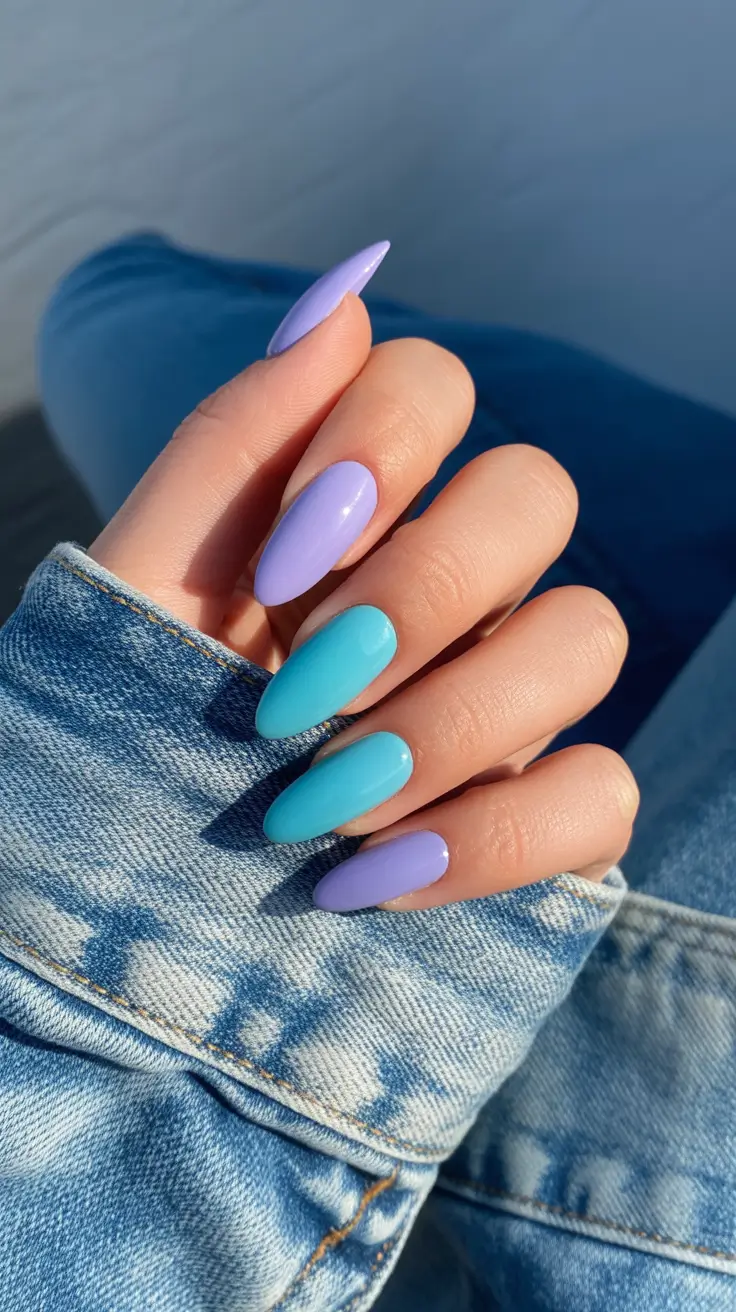 classy spring nails 2026 Pastel Pairing of Lavender and Sky Blue Almonds