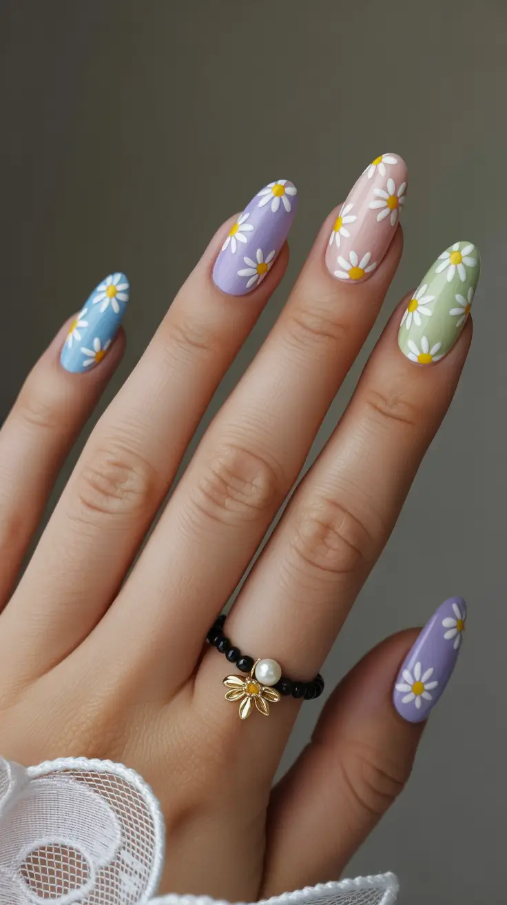 classy spring nails 2026 Multicolored Daisy Garden in Soft Almond Pastels