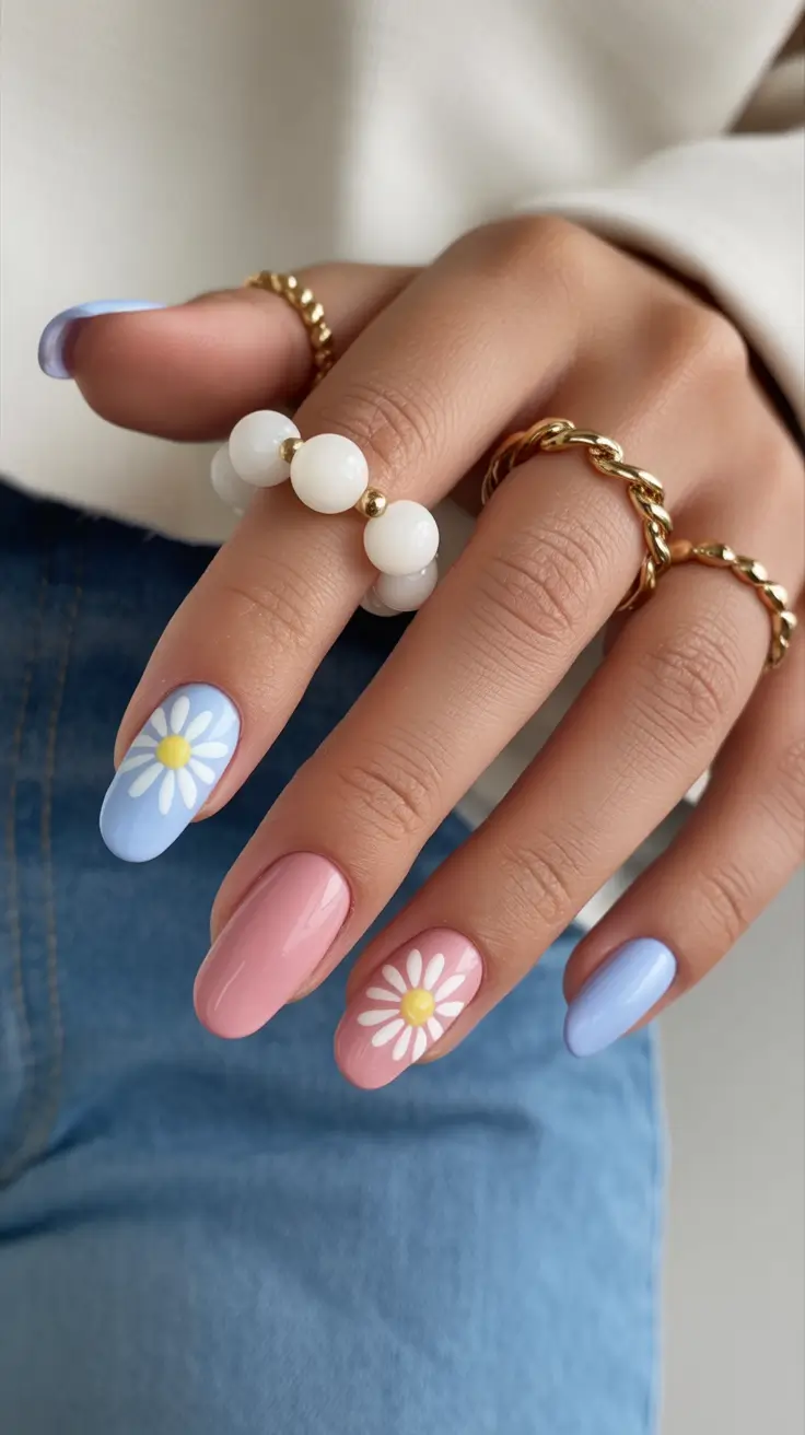 classy spring nails 2026 Pink-Blue Daisy Duo for Cheerful Spring Style