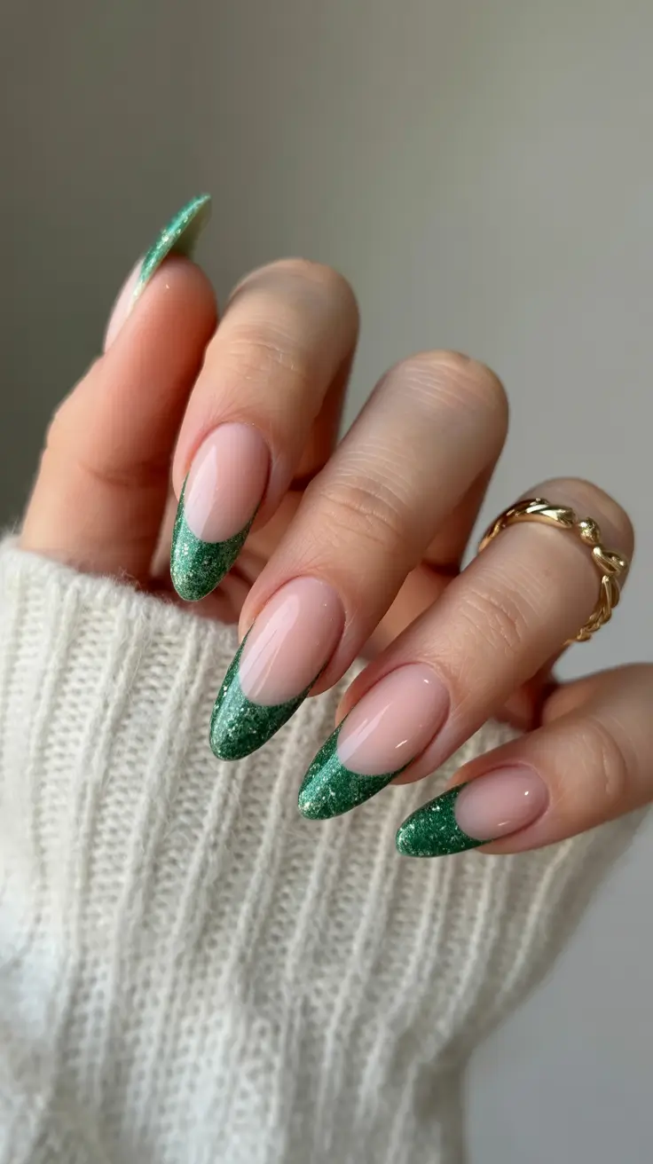 classy spring nails 2026 Emerald Sparkle Almond French for Luxe Spring Evenings