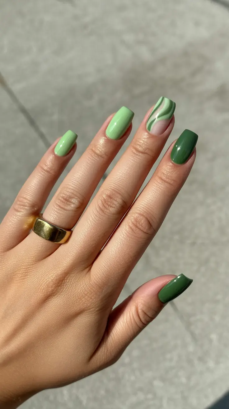classy spring nails 2026 Fresh Green Square Mix With Swirled Accents