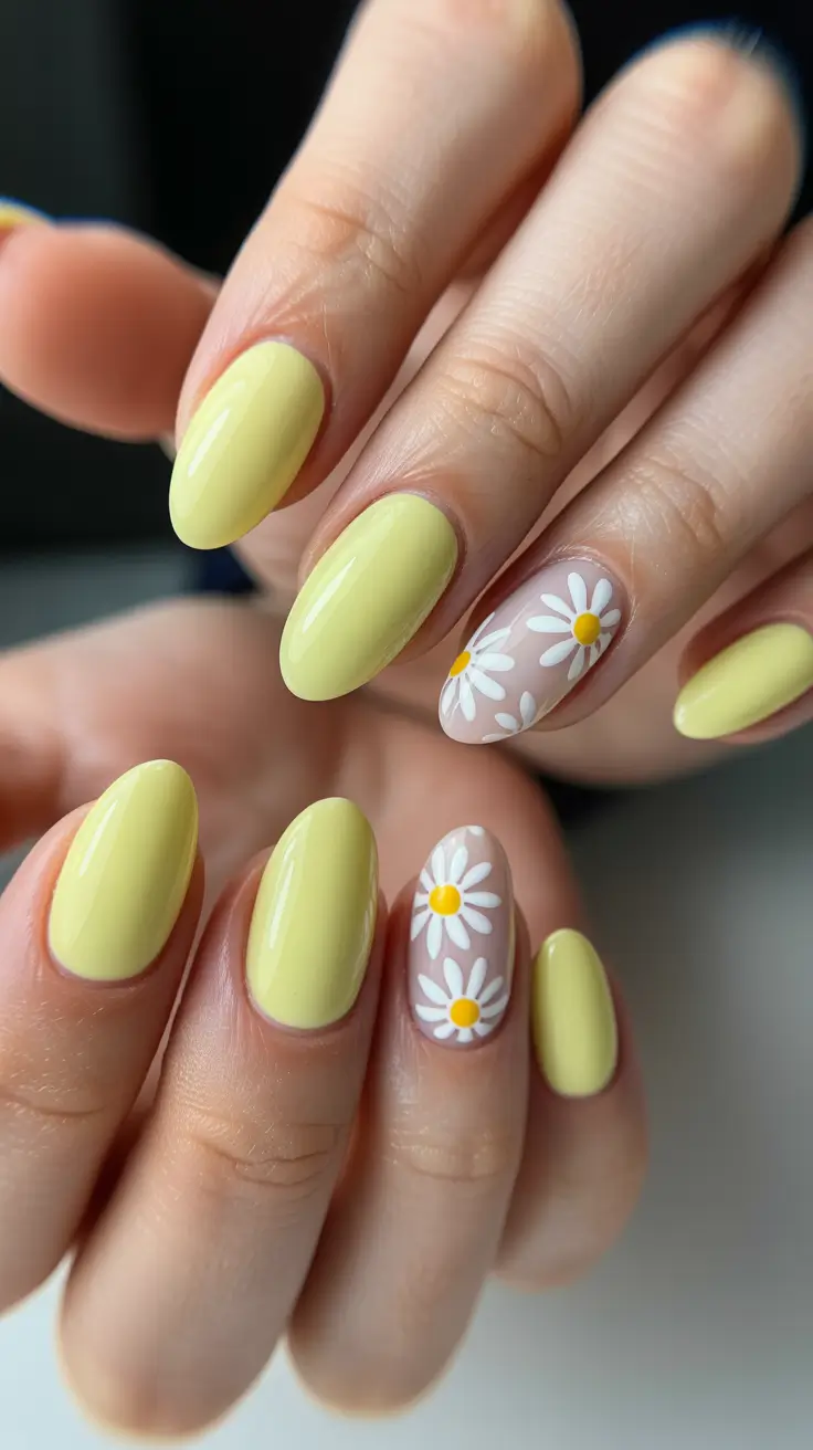 classy spring nails 2026 Soft Lemon Almond With Delicate Daisies