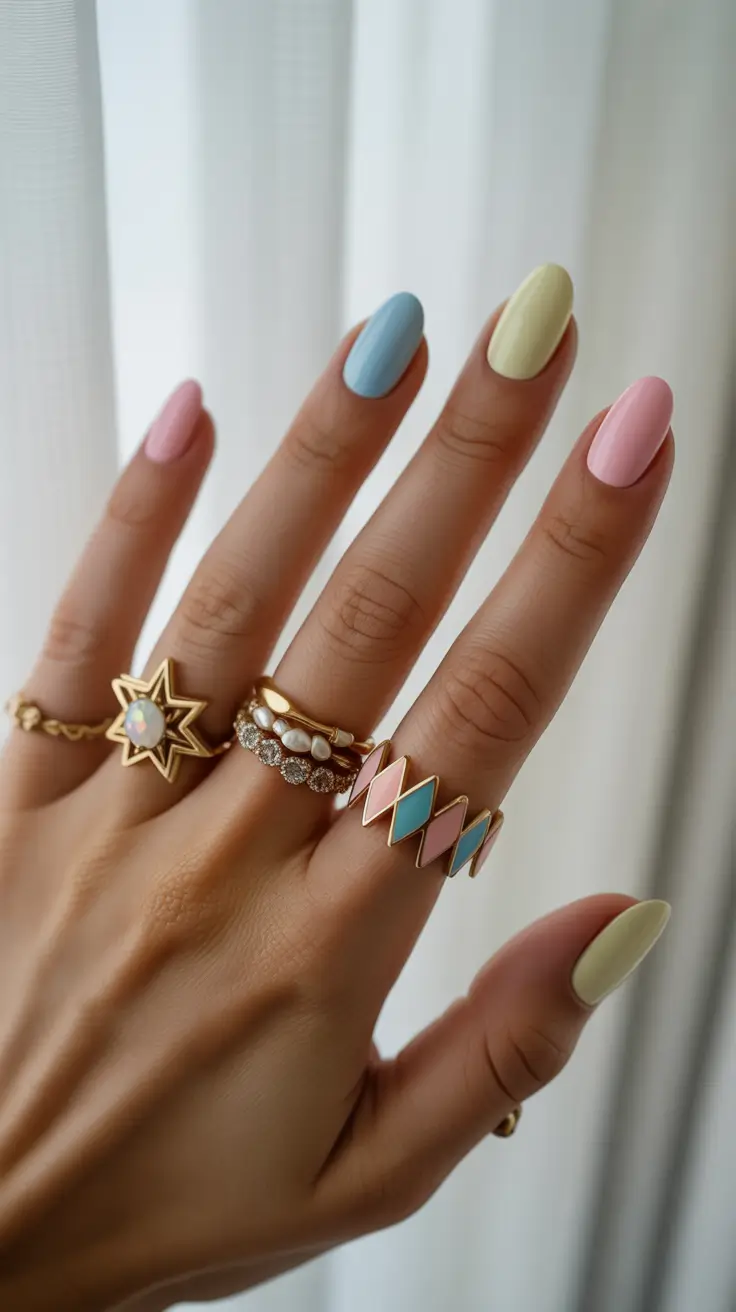 classy spring nails 2026 Pastel Rainbow Almond for Soft Spring Colorplay