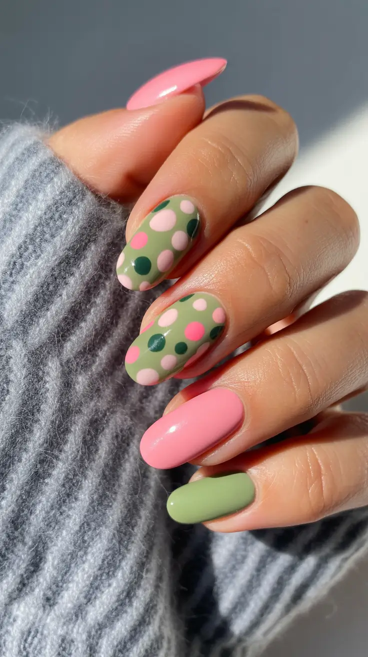 classy spring nails 2026 playful Polka-Pink and Green Almond Mix