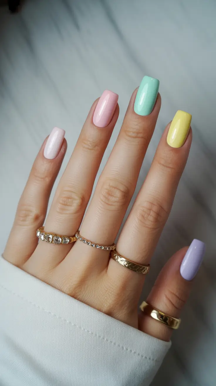 classy spring nails 2026 Pastel Square Rainbow for Soft, Clean Spring Color