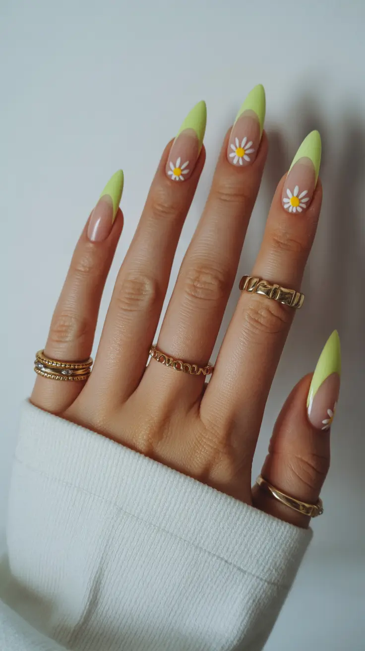 classy spring nails 2026 Lemon Petal French With Daisy Accents