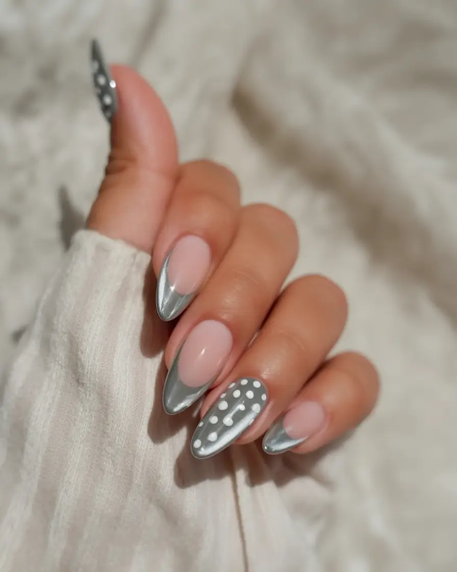 spring cat eye nails 2026 Silver Cat Eye French with Polka Dot Accent