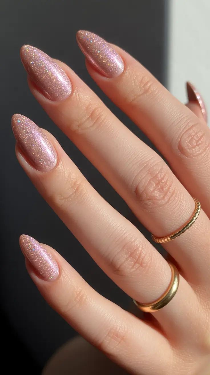 spring cat eye nails 2026 Rose Gold Holographic Cat Eye Almond