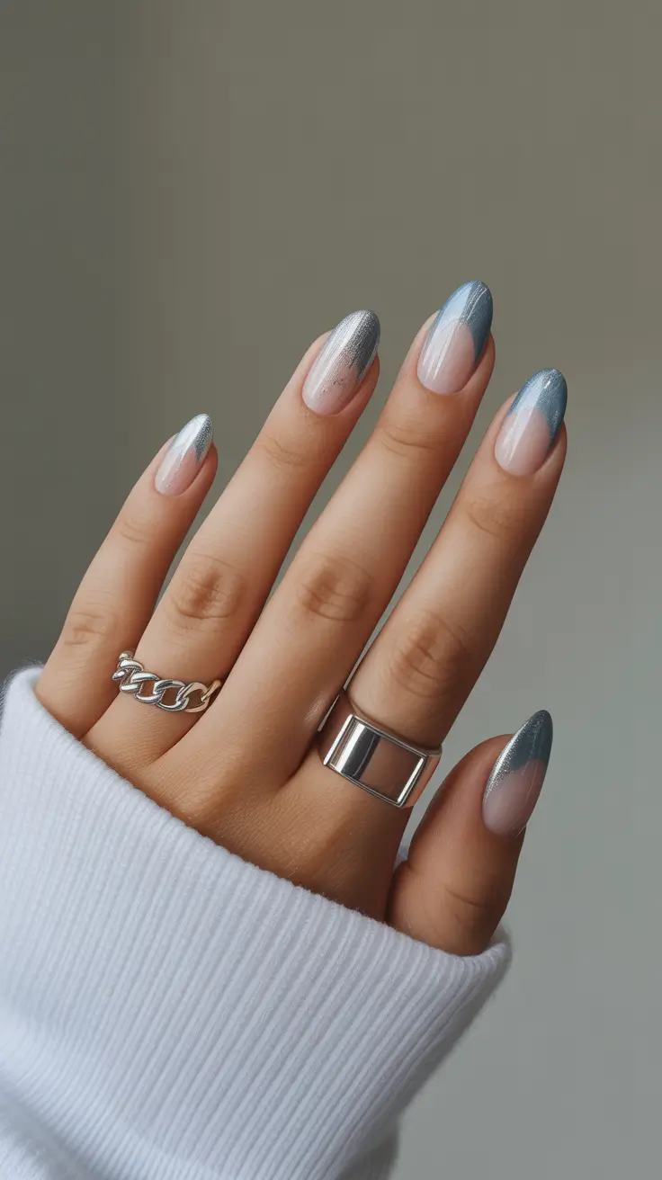 spring cat eye nails 2026 Silver Blue Cat Eye French Fade