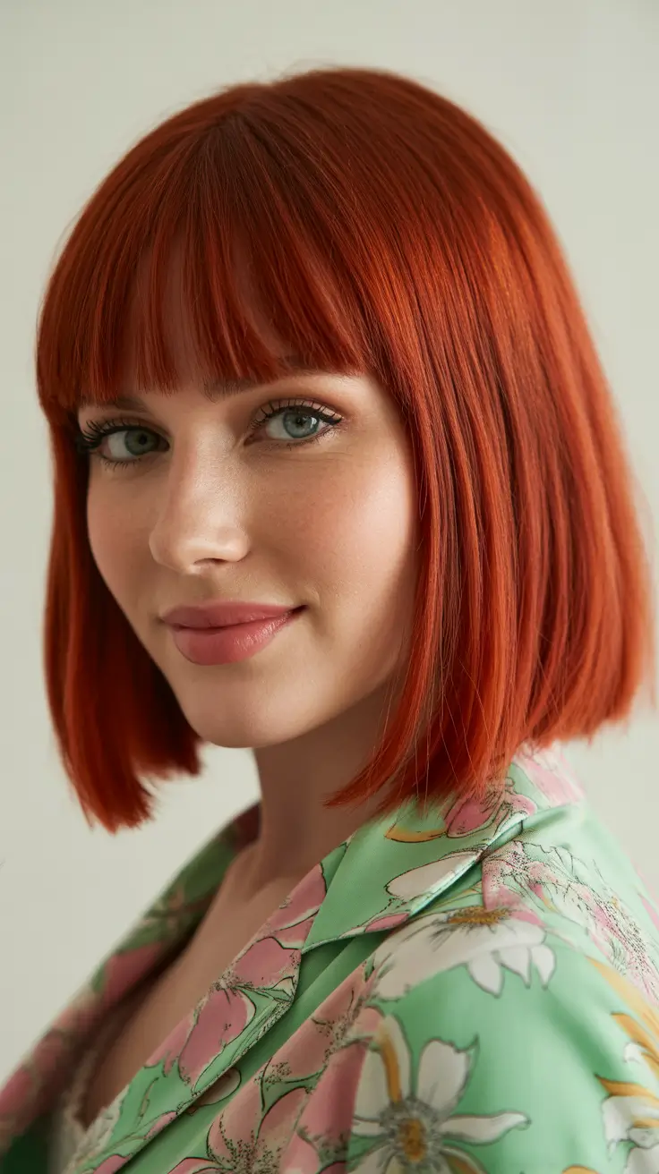best spring haircuts for heart face shape 2026 Blunt Copper Bob With Fringe