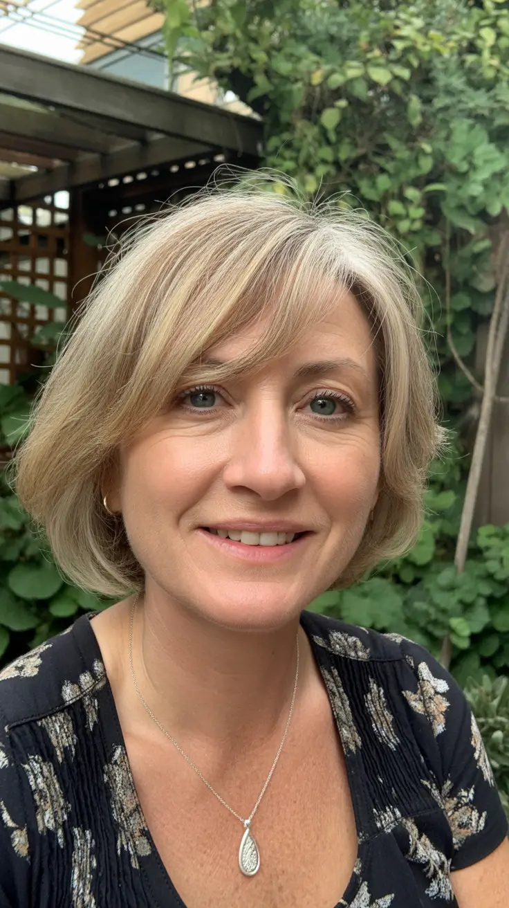 spring Haircuts Women Over 50 Layered Mid-Length Bob With Soft Blonde Accents