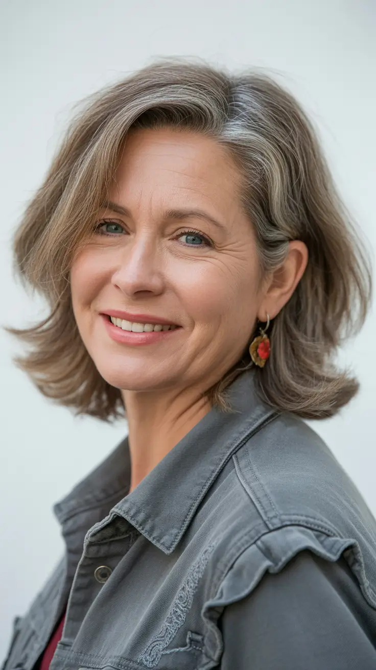 spring Haircuts Women Over 50 Chic Windswept Layered Bob With Natural Silver Blending