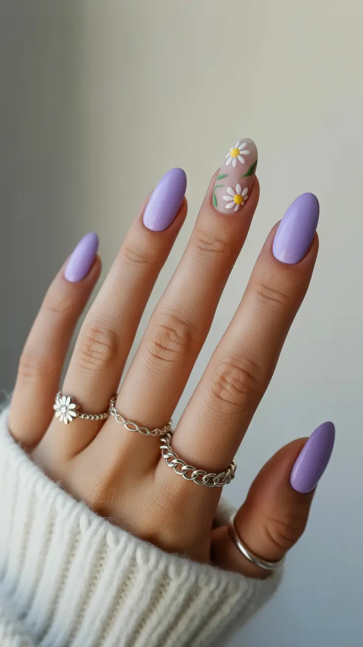 early spring nails 2026 Lavender Almond With a Single Statement Bloom
