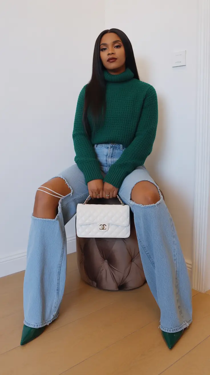 spring outfits black women 2026 Emerald Knit with Wide-Leg Denim Drama