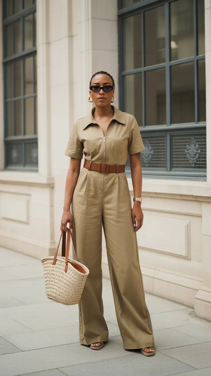 spring outfits black women 2026 Utility Calm in a Soft Neutral Jumpsuit