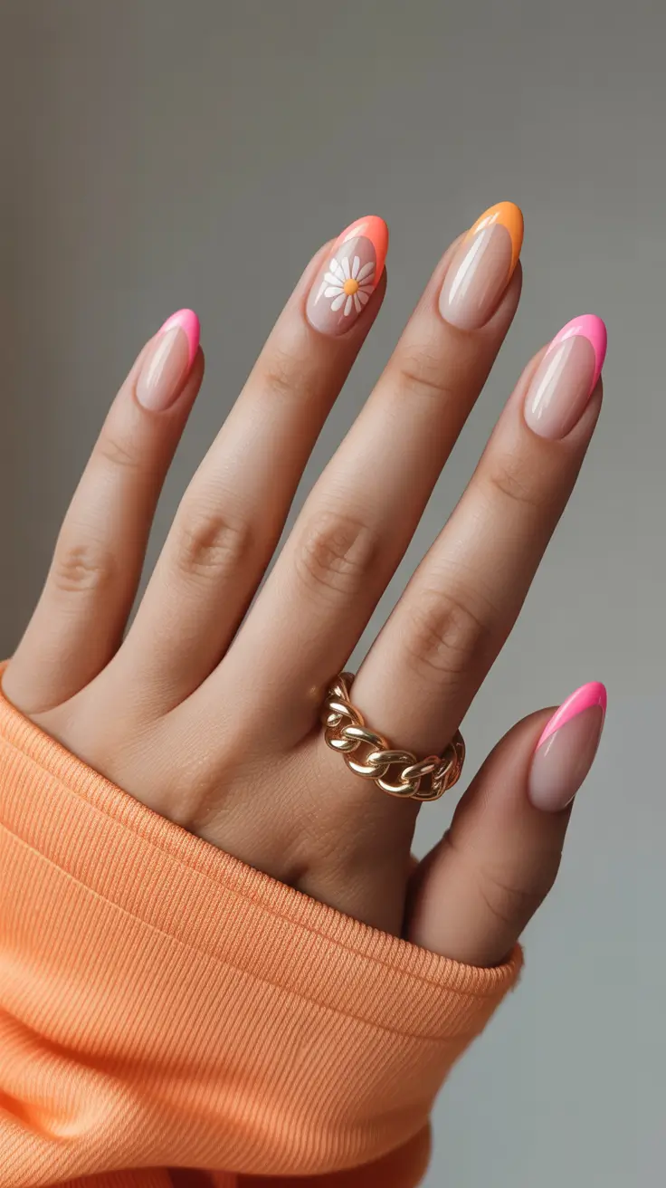 bright spring nails 2026 Sunny Neon French With a Daisy Accent