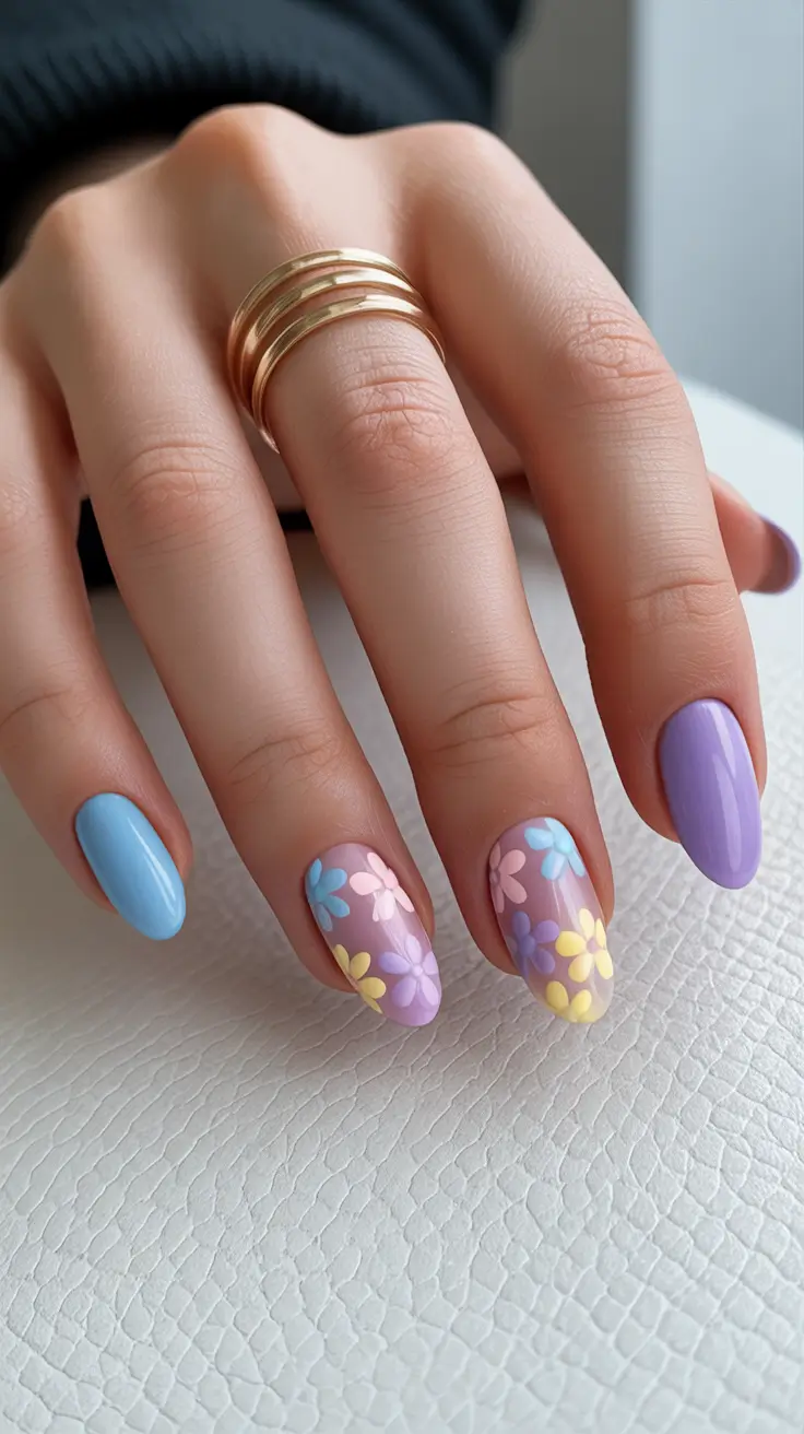 bright spring nails 2026 Pastel Garden Blossoms on Almond Tips