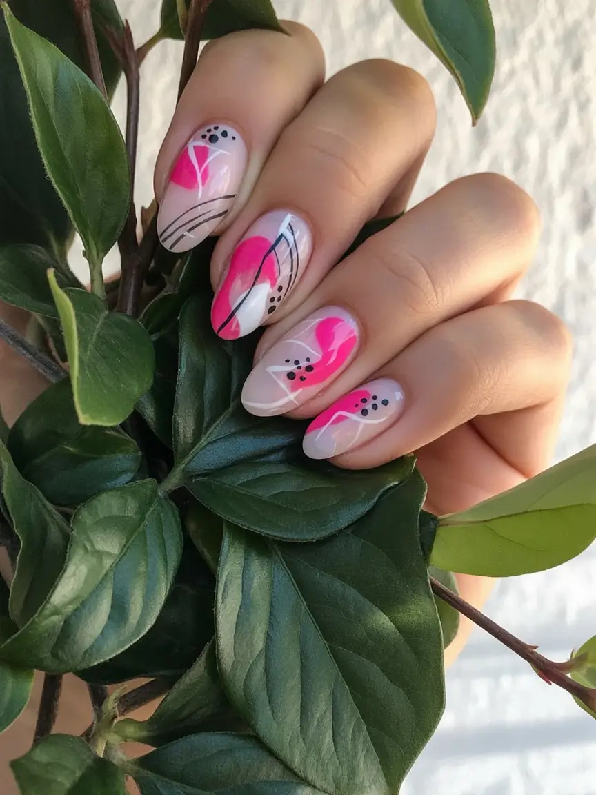 bright spring nails 2026 Modern Florals in Fuchsia and Black Linework