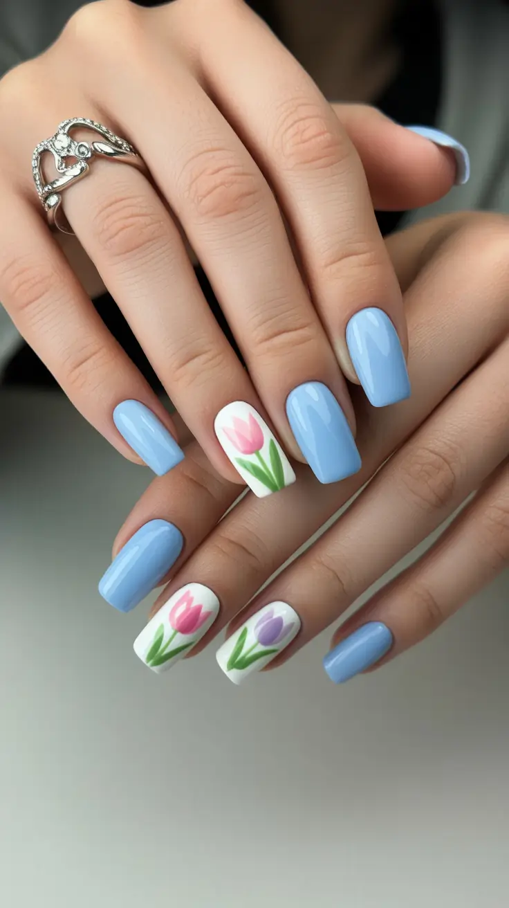 bright spring nails 2026 Soft Tulip Blooms on Square Tips