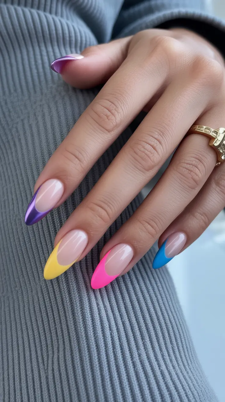 bright spring nails 2026 Rainbow Almond Tips