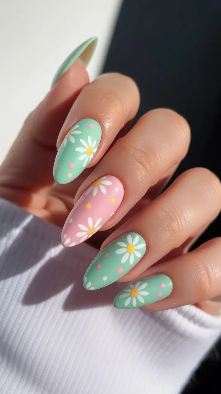 bright spring nails 2026 Mint Pink Daisies Matte