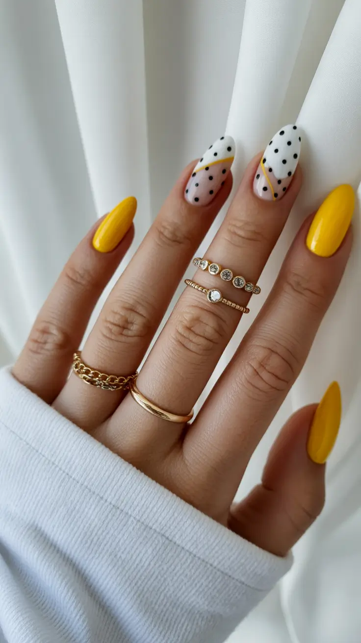 bright spring nails 2026 Bold Sunshine Yellow With Playful Polka Dots