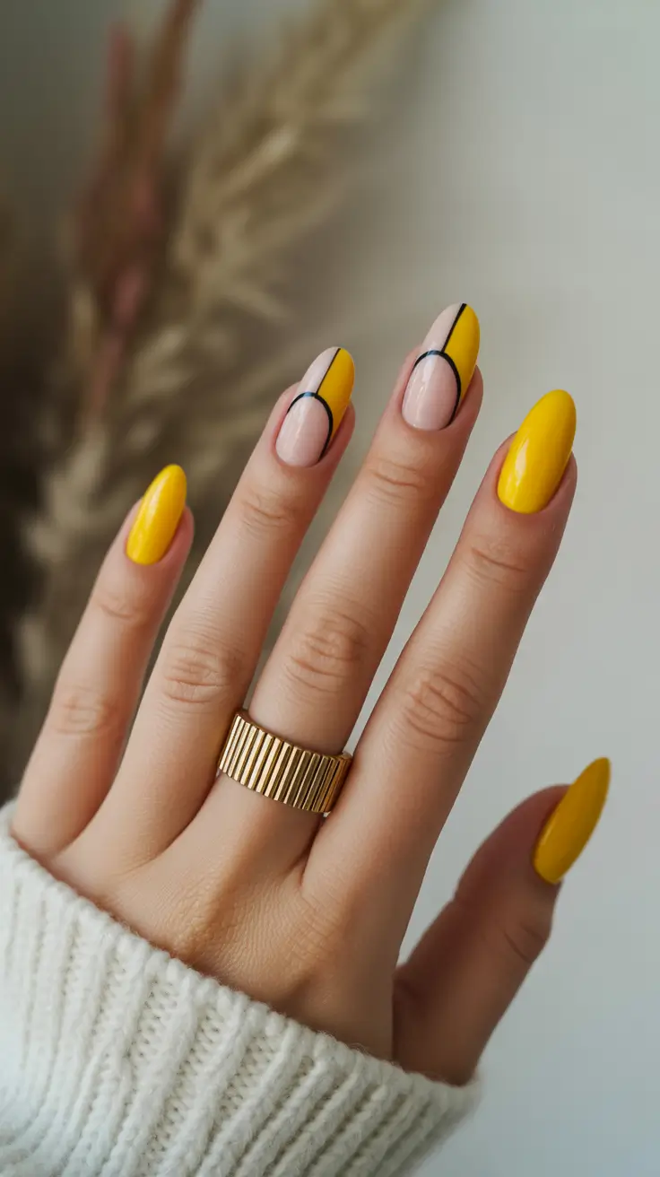 bright spring nails 2026 Modern Yellow Panels With Graphic Lines