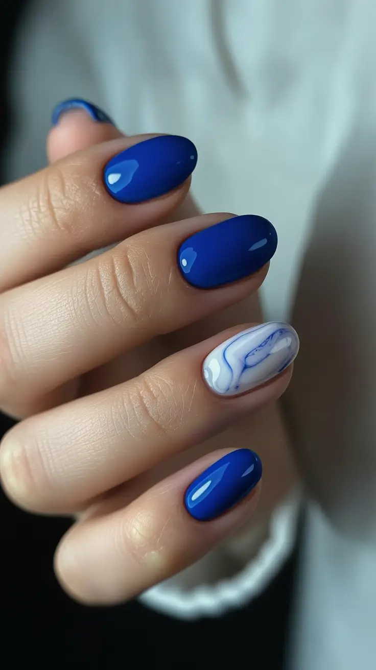 gorgeous spring nails 2026 Midnight Blue with Marble Whisper