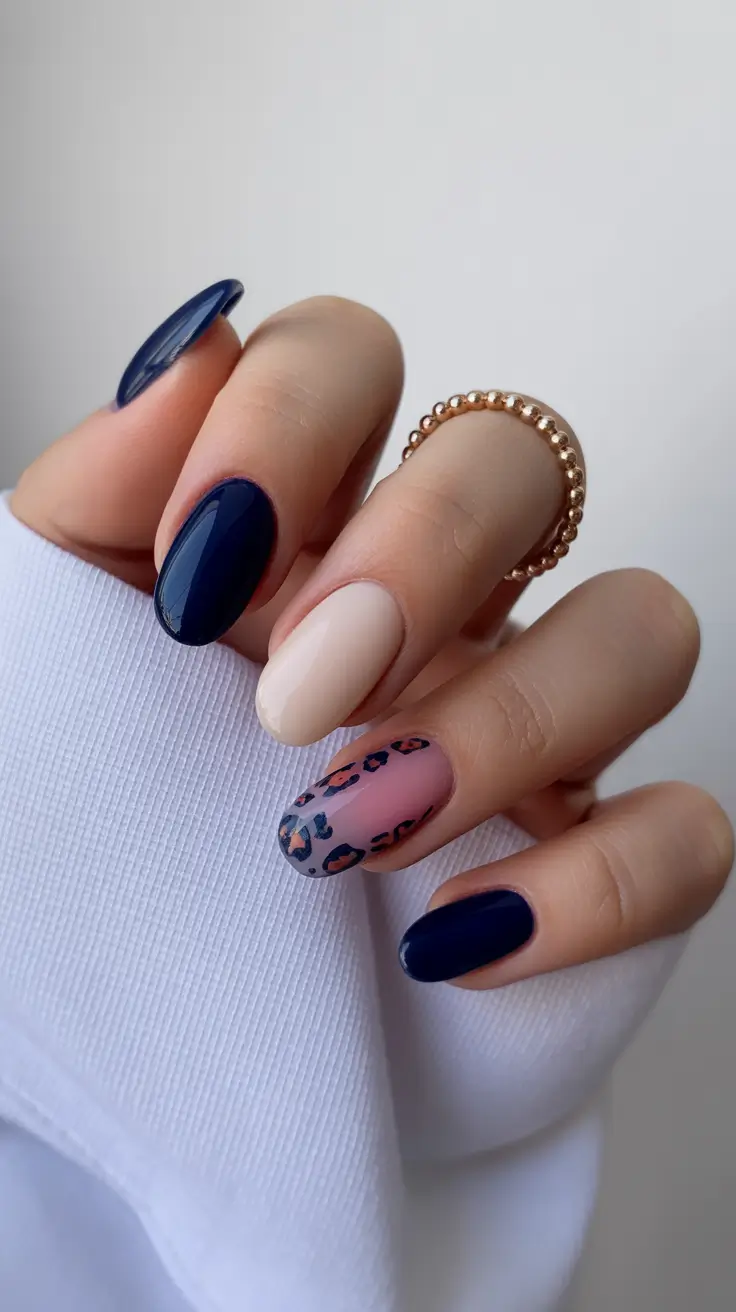 gorgeous spring nails 2026 Midnight Navy with Soft Neutrals and Leopard Touches