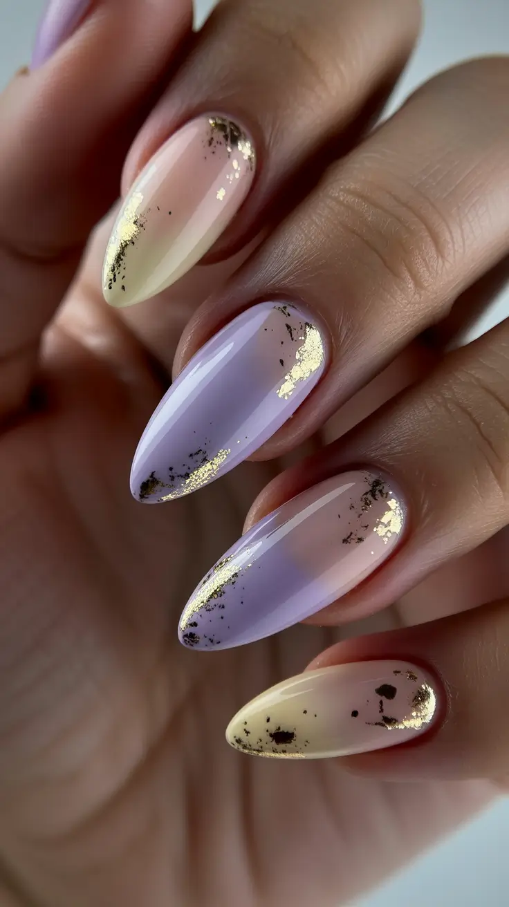 gorgeous spring nails 2026 Lavender Fade with Gold Flecks