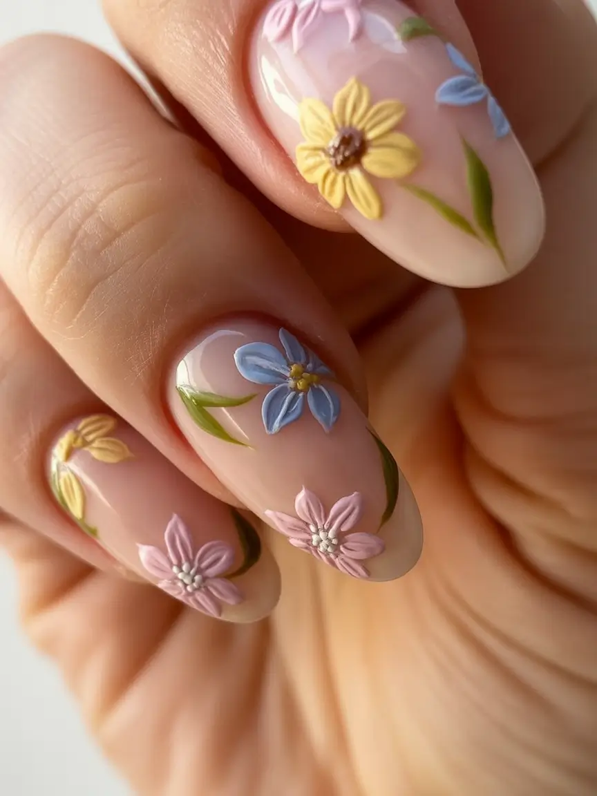 gorgeous spring nails 2026 Pastel Garden in 3D Texture