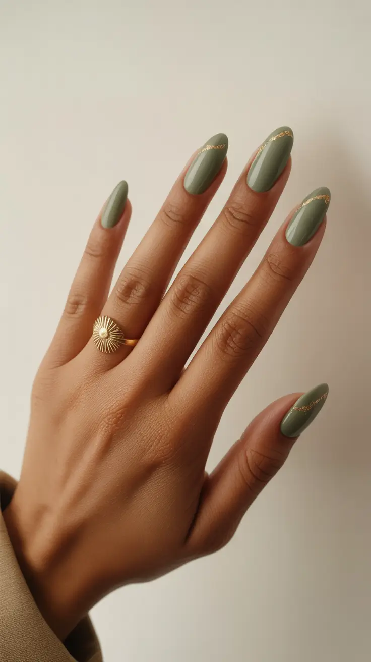 march nail colors 2026 Earthy Green With Golden Minimalist Accents