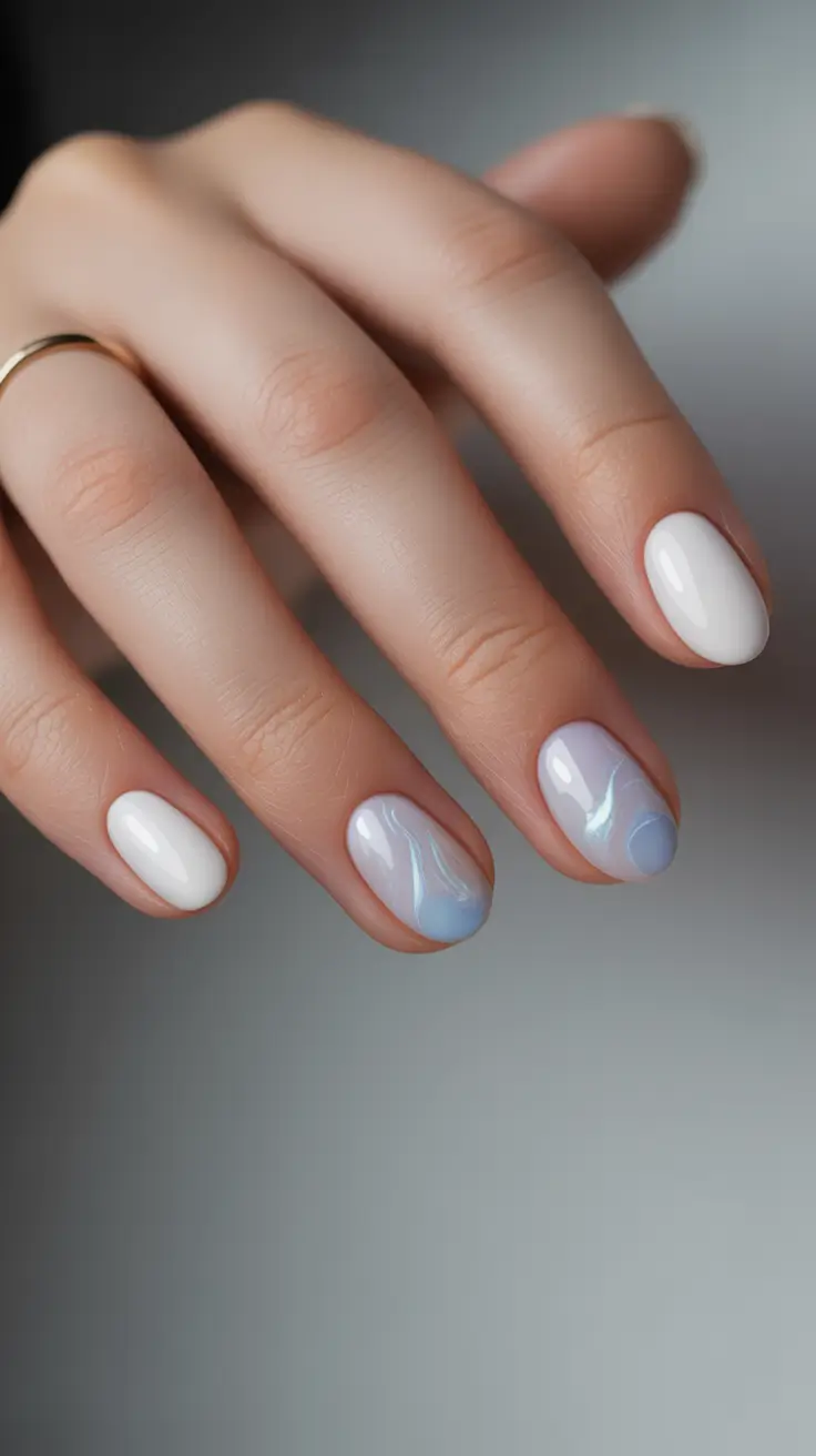 march nail colors 2026 White Minimalism With Blue Marble Accents