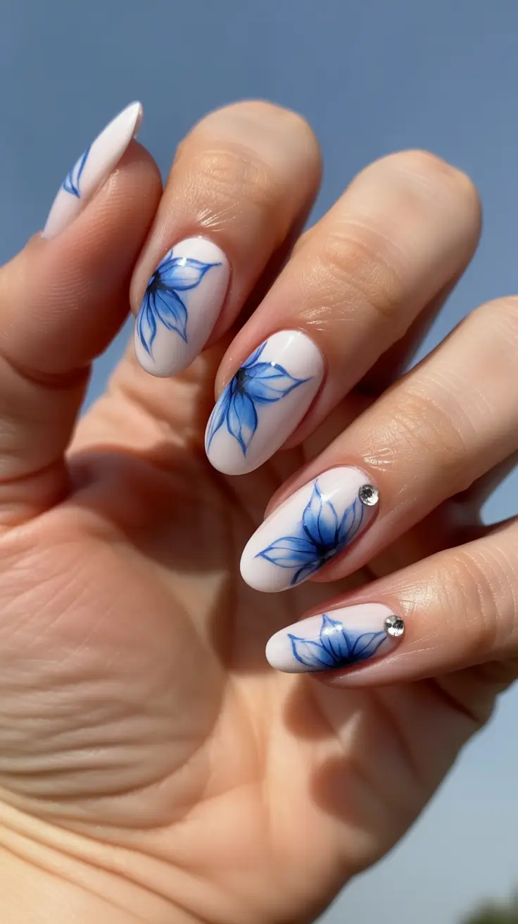 march nail colors 2026 Blue Petal Art With Delicate Sparkle
